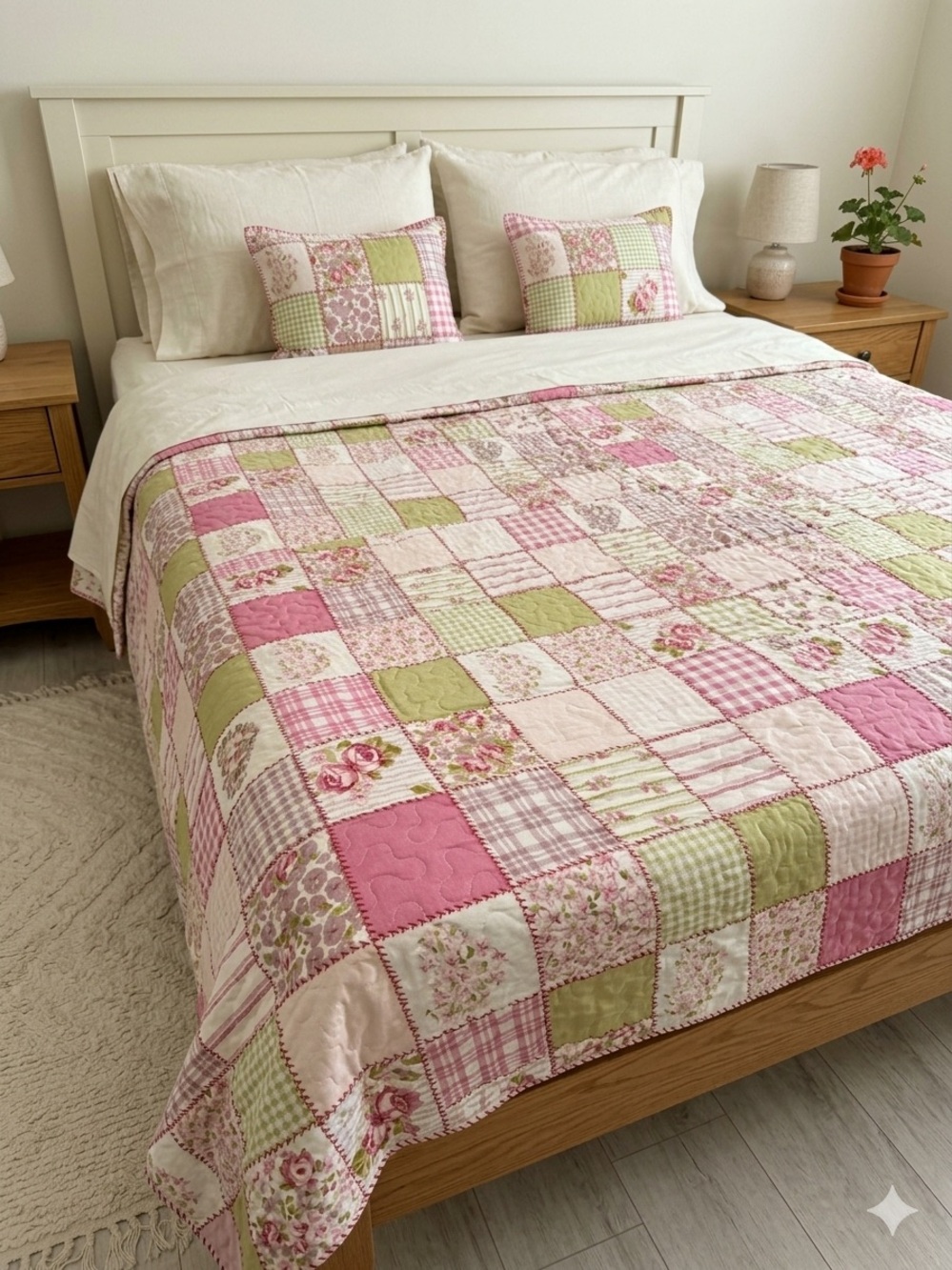 Patchwork Floral Quilt Set in Pink and Green - Queen Size